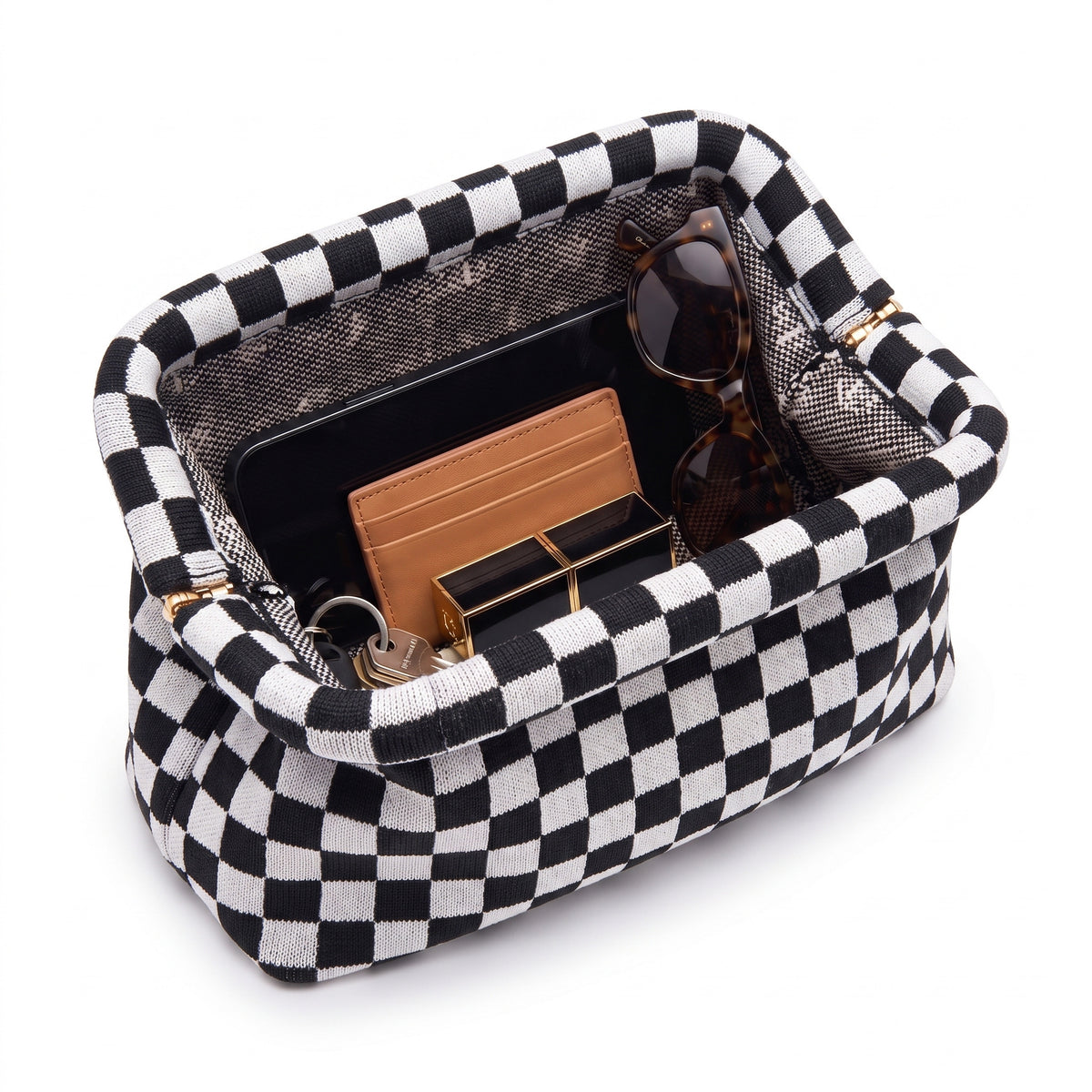 Monochrome Checkerboard Cloud Pouch shown open with everyday items inside