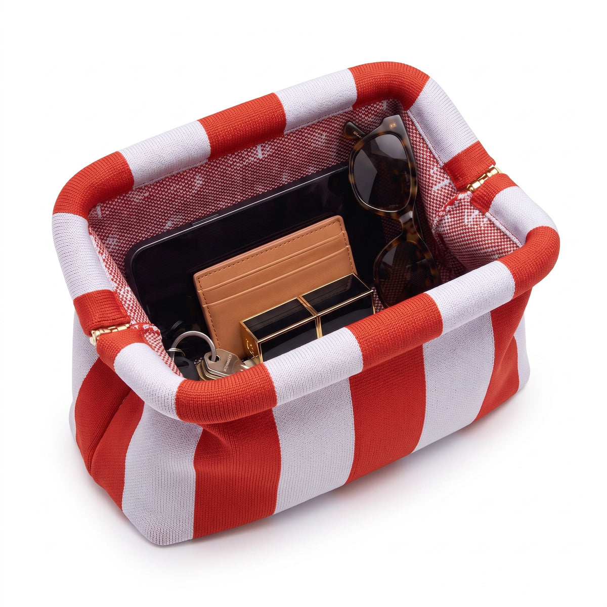 Red & White Stripe Cloud Pouch shown open with everyday items inside