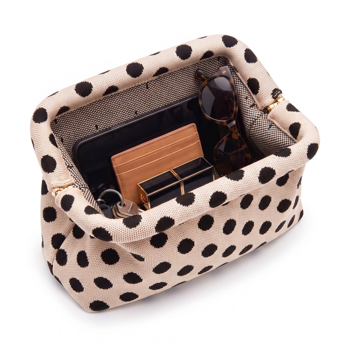 Beige Polka Dot Cloud Pouch open — flex frame, mesh lining, fits phone, wallet, keys