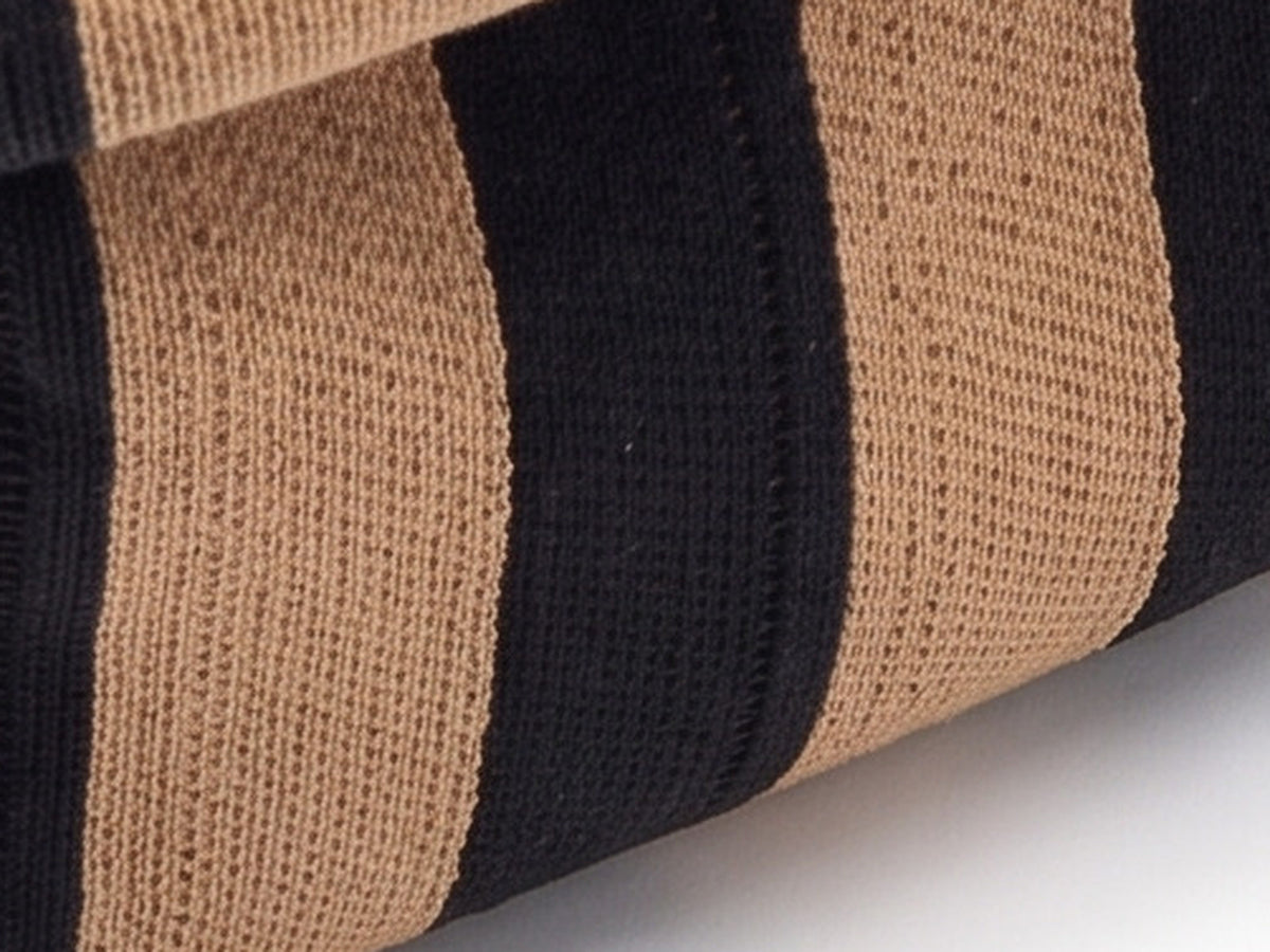 Close-up of the Camel and Black Stripe Cloud Pouch knit, showing the stripe woven into the fabric rather than printed on top