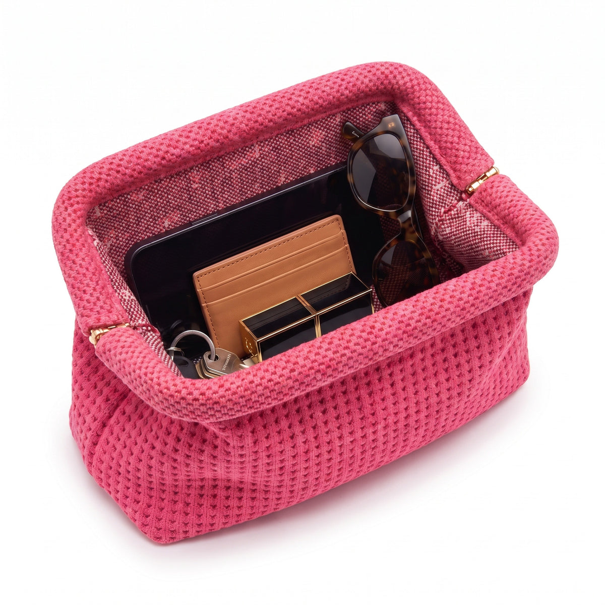Hot Pink Waffle Cloud Pouch open — flex frame, fits phone, wallet, keys