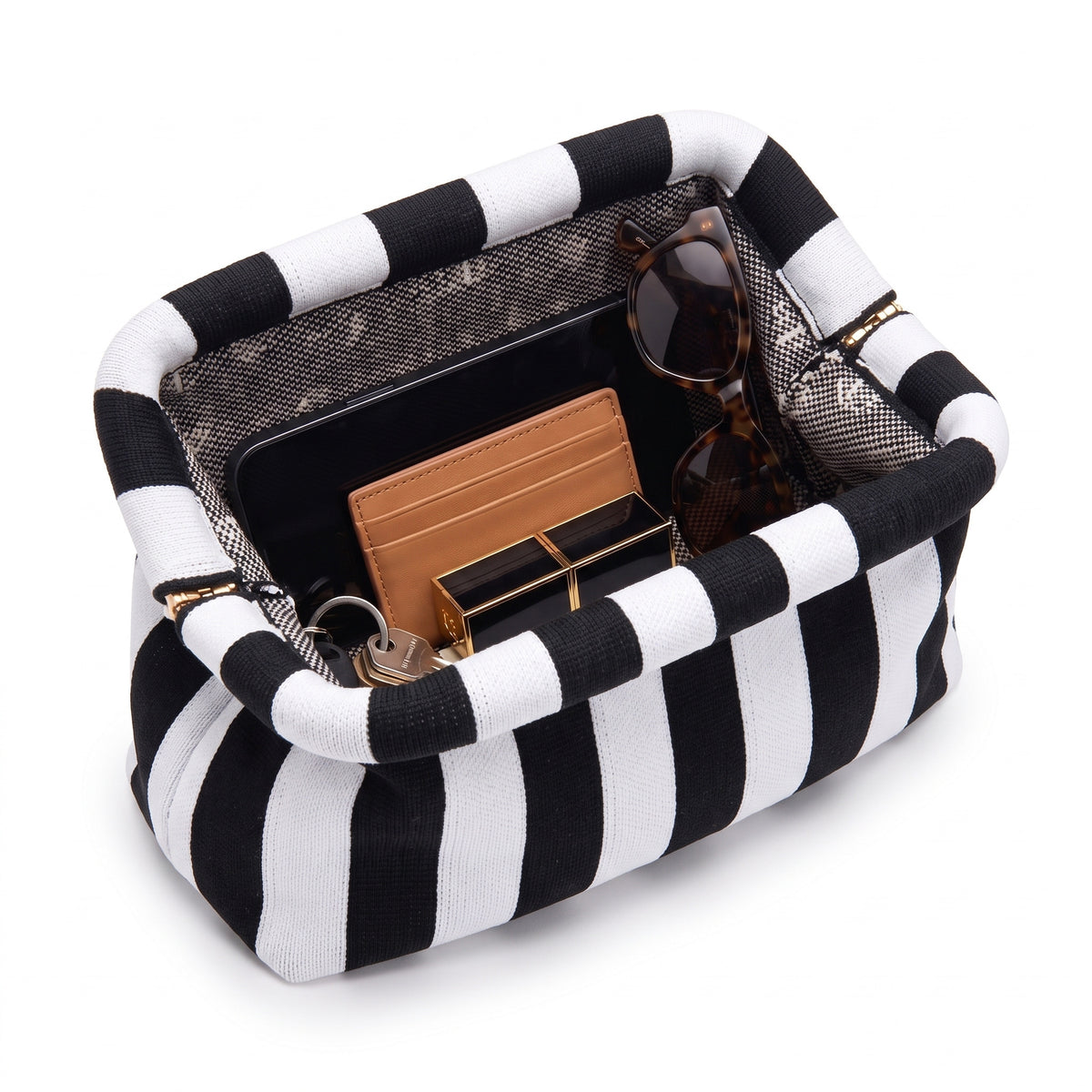 Monochrome Stripe Cloud Pouch open — flex frame, mesh lining, fits phone, wallet, keys