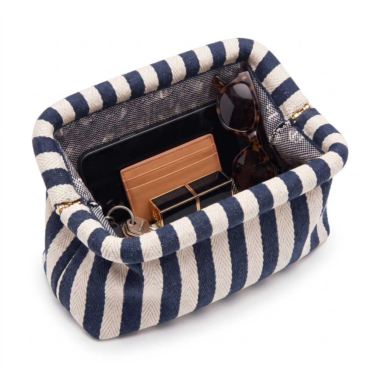 Navy & Cream Stripe Cloud Pouch open — flex frame, mesh lining, fits phone, wallet, keys