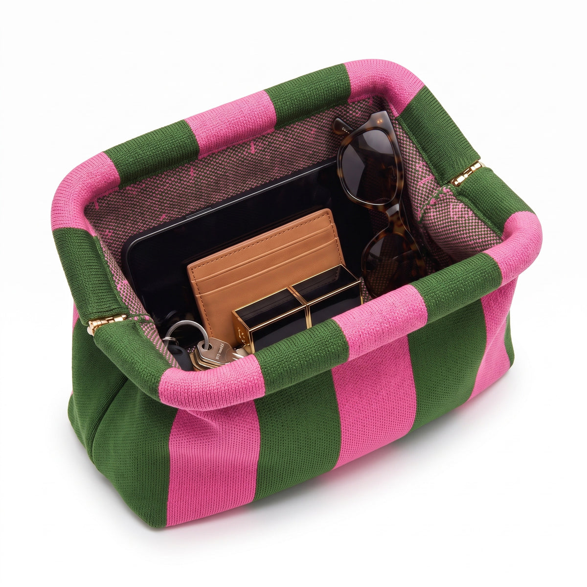 Pink & Green Stripe Cloud Pouch open — flex frame, mesh lining, fits phone, wallet, keys