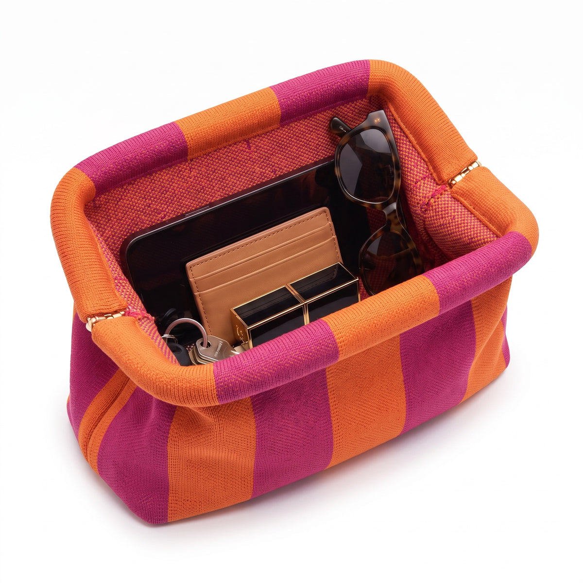 Pink & Orange Stripe Cloud Pouch open — flex frame, mesh lining, fits phone, wallet, keys