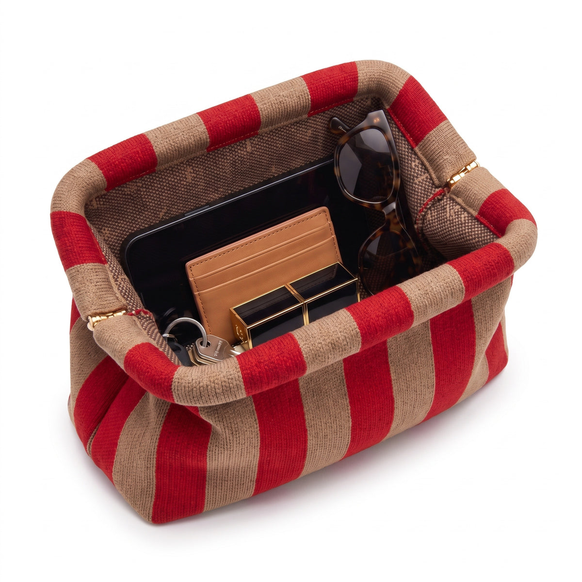 Red & Tan Stripe Cloud Pouch open — flex frame, mesh lining, fits phone, wallet, keys