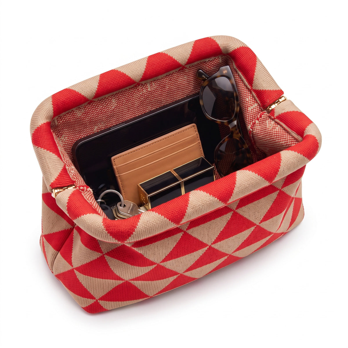 Red & Tan Triangle Cloud Pouch open — flex frame, mesh lining, fits phone, wallet, keys