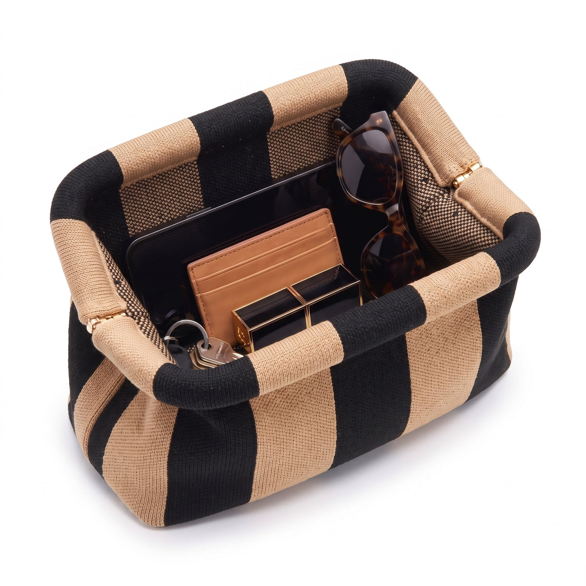 Sand & Black Stripe Cloud Pouch open — flex frame, mesh lining, fits phone, wallet, keys
