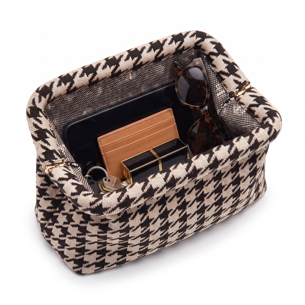 Cocoa Houndstooth Cloud Pouch shown open with everyday items inside