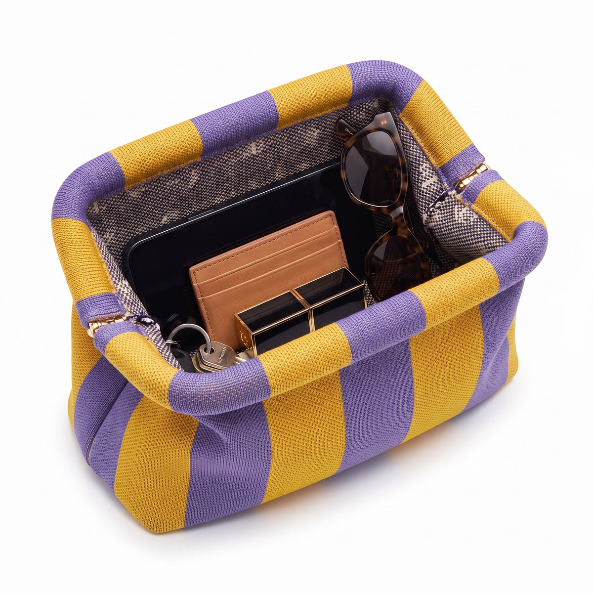 Marigold & Lilac Stripe Cloud Pouch shown open with everyday items inside
