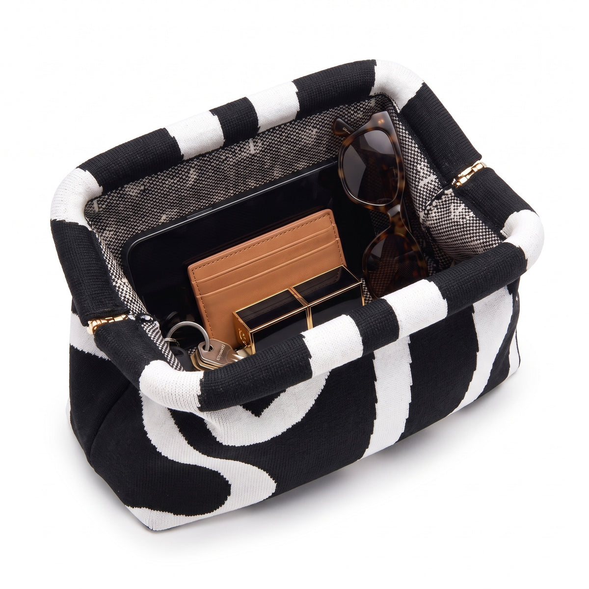 Black Abstract Cloud Pouch open — flex frame, mesh lining, fits phone, wallet, keys
