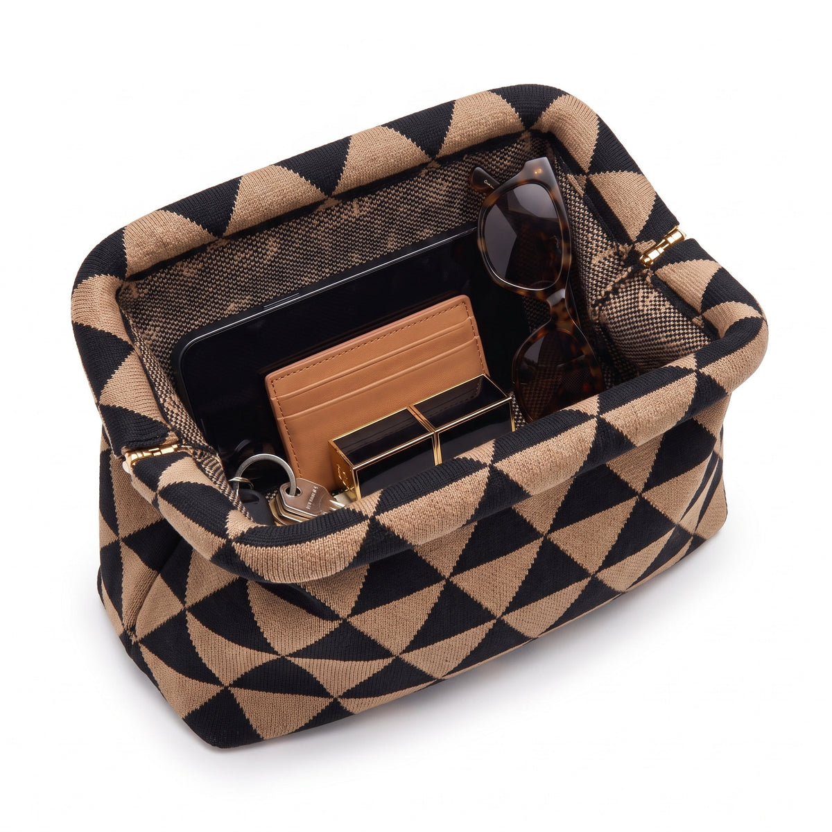 Camel & Black Triangle Cloud Pouch open — flex frame, mesh lining, fits phone, wallet, keys