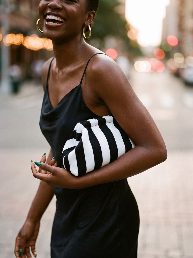 A woman in a black slip dress carrying a black and white striped Etta Rowe cloud pouch under her arm at dusk