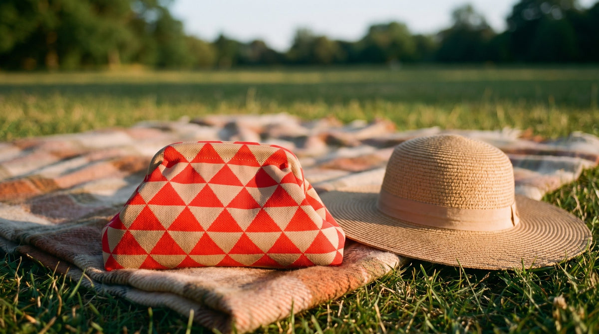 Red and tan triangle Cloud Pouch on a picnic blanket with a straw hat