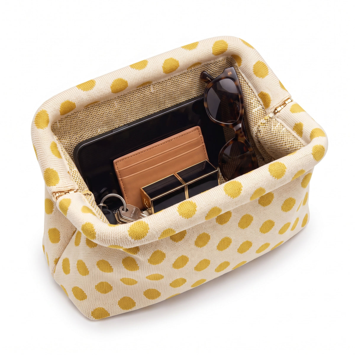 Lemon Polka Dot Cloud Pouch open — flex frame, mesh lining, fits phone, wallet, keys