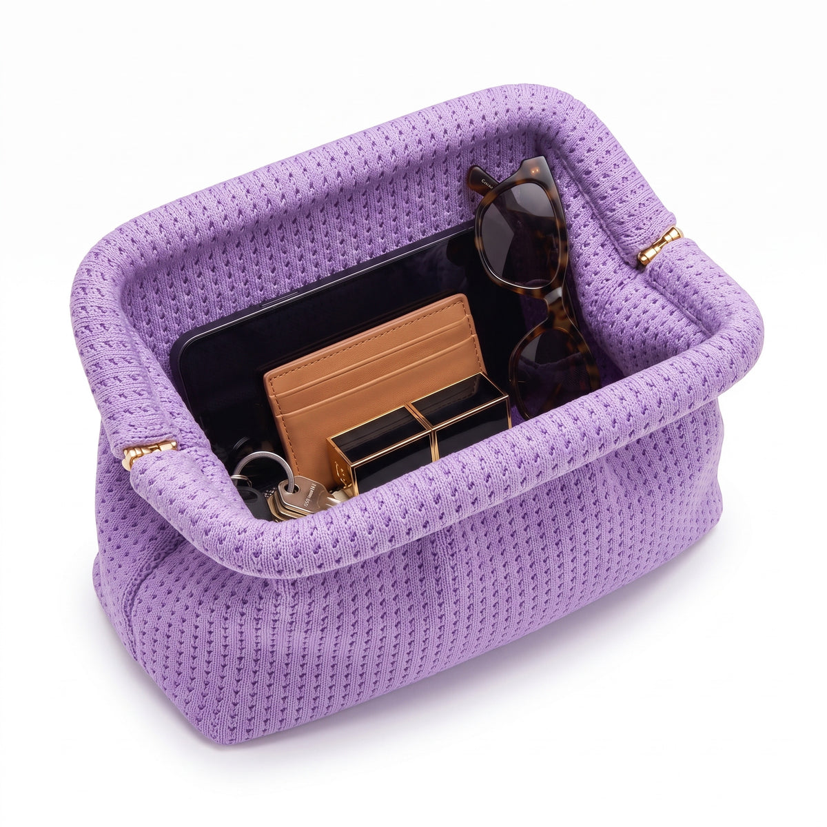 Lilac Waffle Cloud Pouch open — flex frame, fits phone, wallet, keys