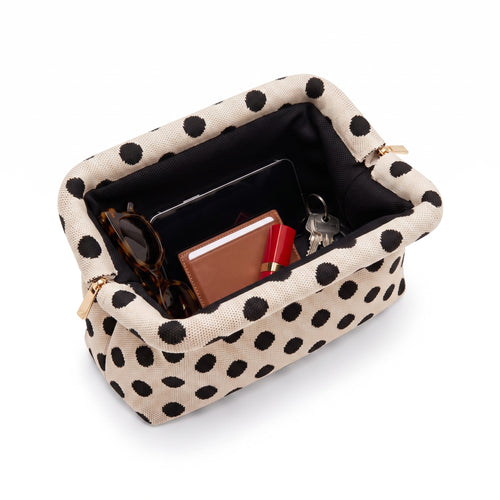 Beige Polka Dot Cloud Clutch open — flex frame, mesh lining, fits phone, wallet, keys