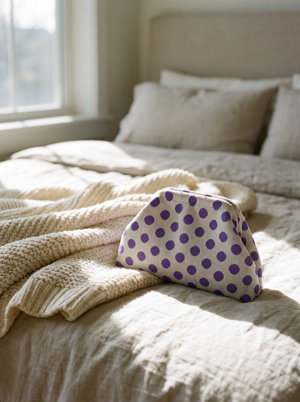 Lilac Polka Dot Cloud Pouch — lifestyle