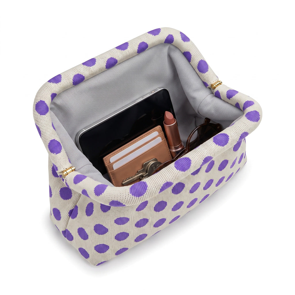 Lilac Polka Dot Cloud Clutch open — flex frame, mesh lining, fits phone, wallet, keys