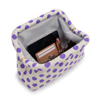 Lilac Polka Dot Cloud Clutch open — flex frame, mesh lining, fits phone, wallet, keys