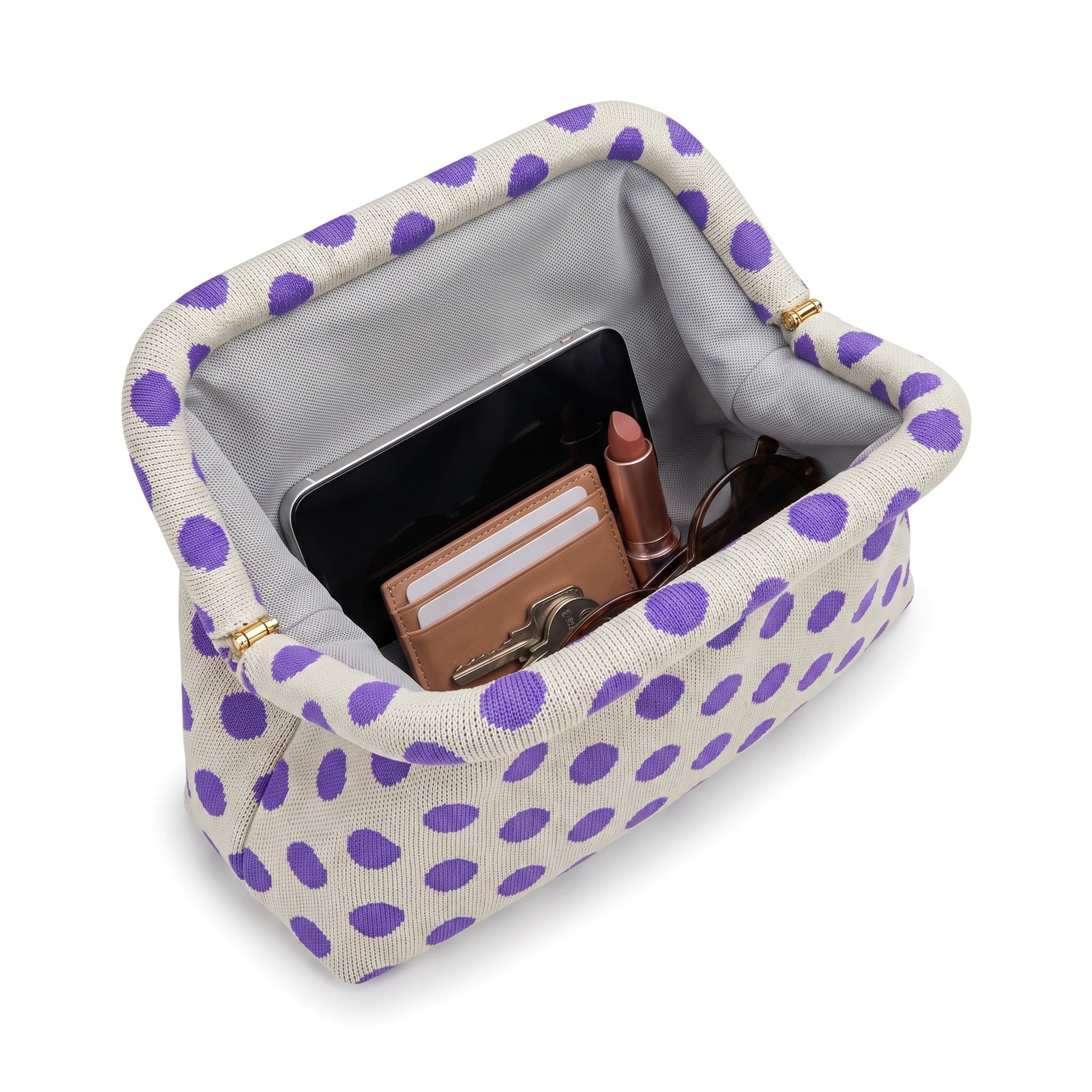 Lilac Polka Dot Cloud Clutch open — flex frame, mesh lining, fits phone, wallet, keys