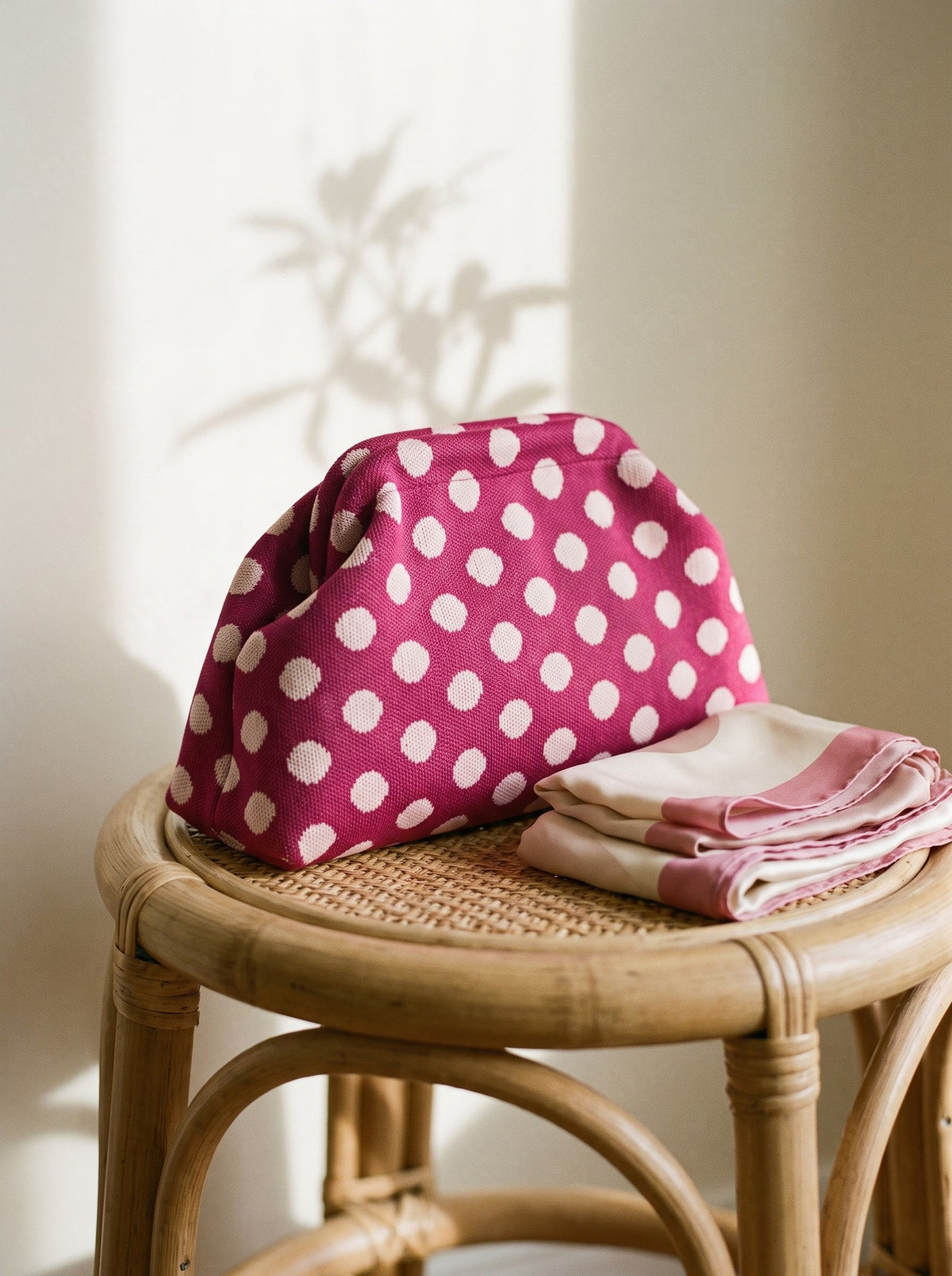 Magenta polka dot Etta Rowe cloud pouch on a rattan stool beside a folded silk scarf