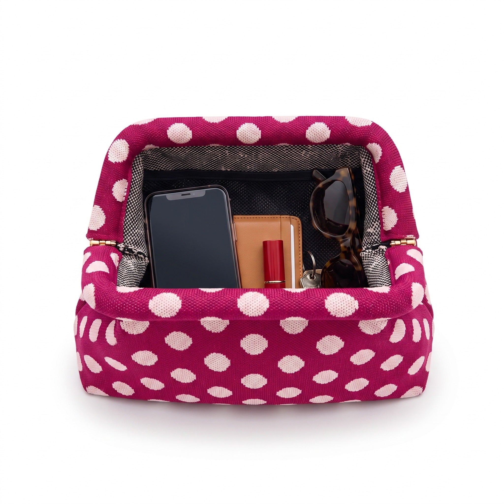 Magenta Polka Dot Cloud Clutch open — flex frame, mesh lining, fits phone, wallet, keys