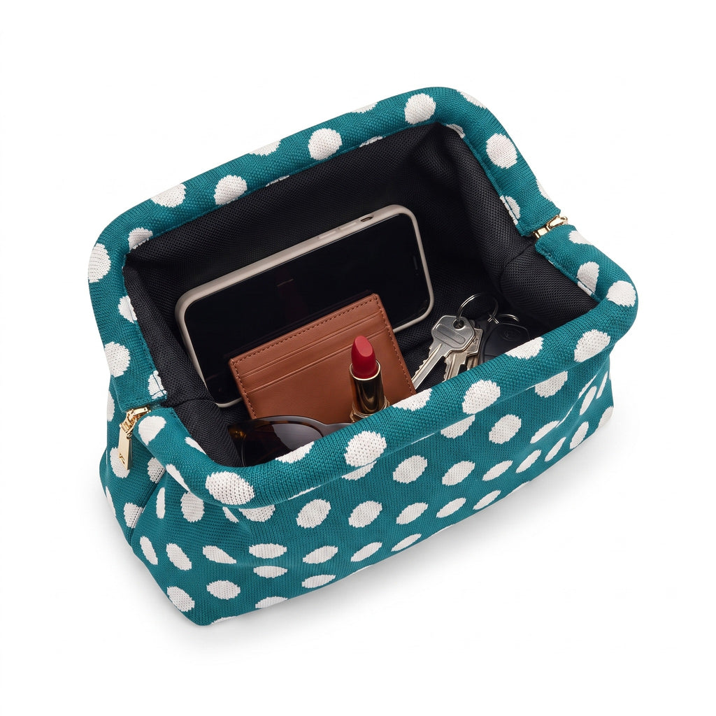 Teal Polka Dot Cloud Clutch open — flex frame, mesh lining, fits phone, wallet, keys