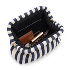 Navy & Cream Stripe Cloud Pouch open — flex frame, mesh lining, fits phone, wallet, keys