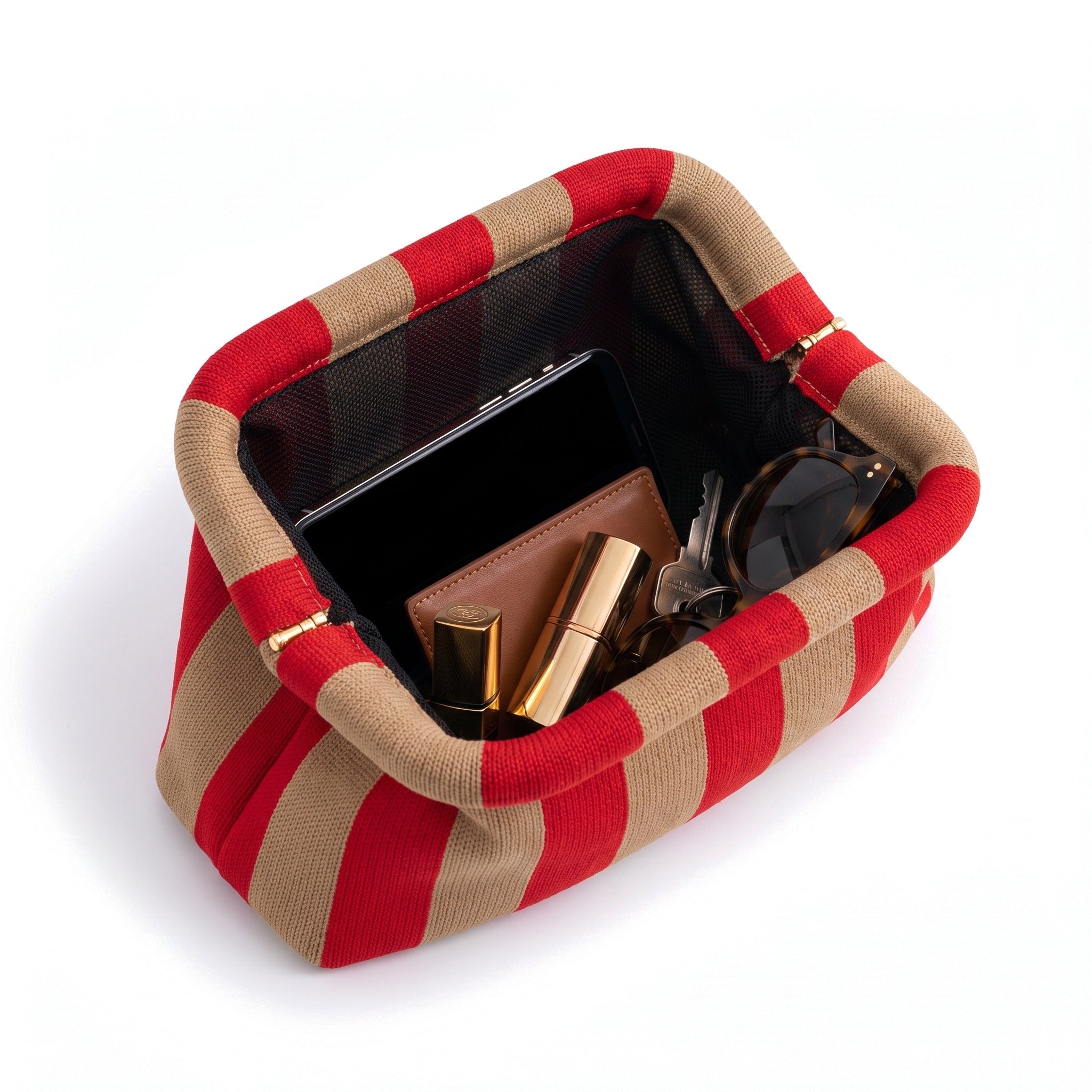 Red & Tan Stripe Cloud Clutch open — flex frame, mesh lining, fits phone, wallet, keys