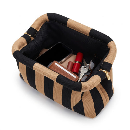 Camel & Black Stripe Cloud Clutch open — flex frame, mesh lining, fits phone, wallet, keys
