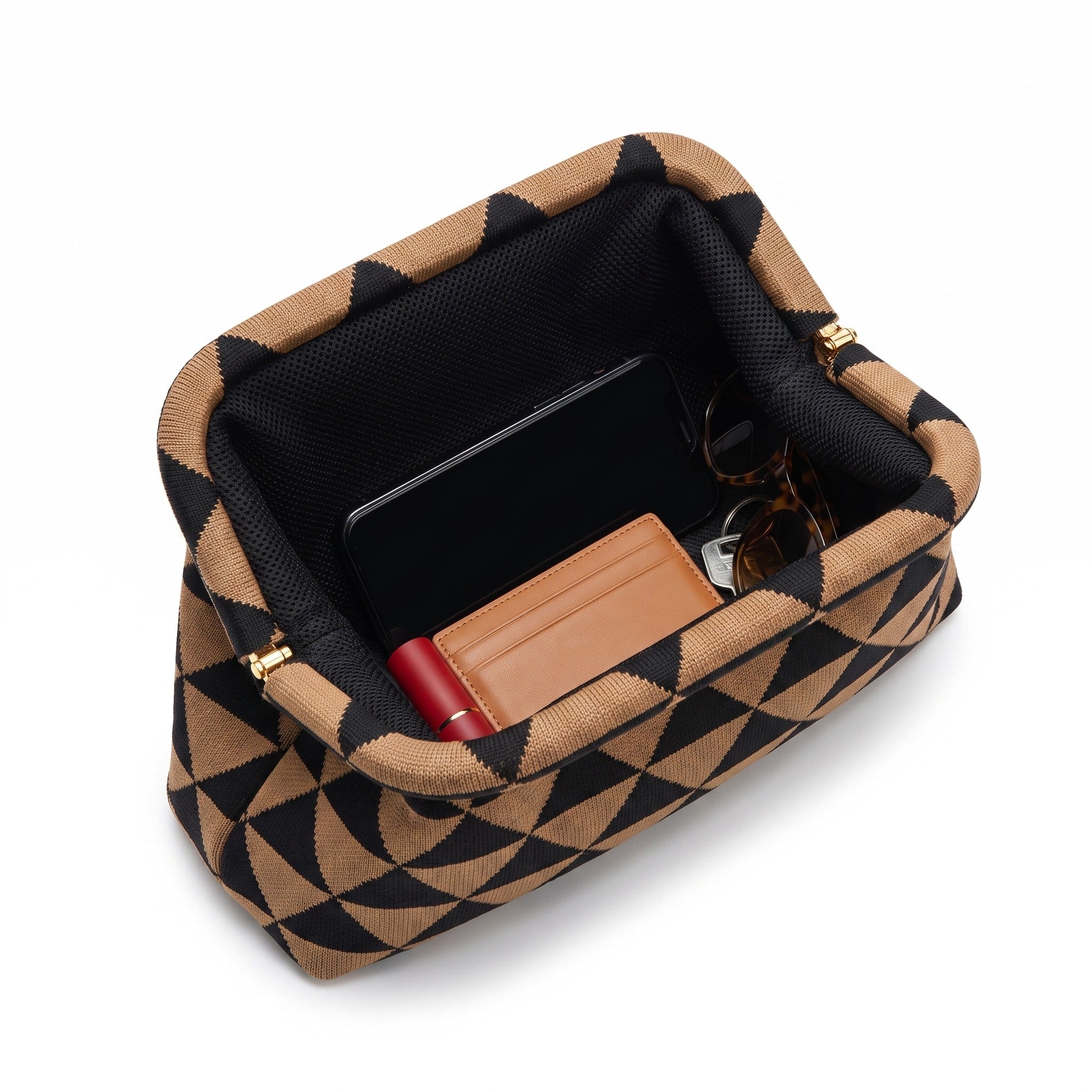 Camel & Black Triangle Cloud Clutch open — flex frame, mesh lining, fits phone, wallet, keys