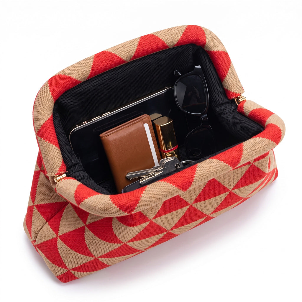 Red & Tan Triangle Cloud Clutch open — flex frame, mesh lining, fits phone, wallet, keys
