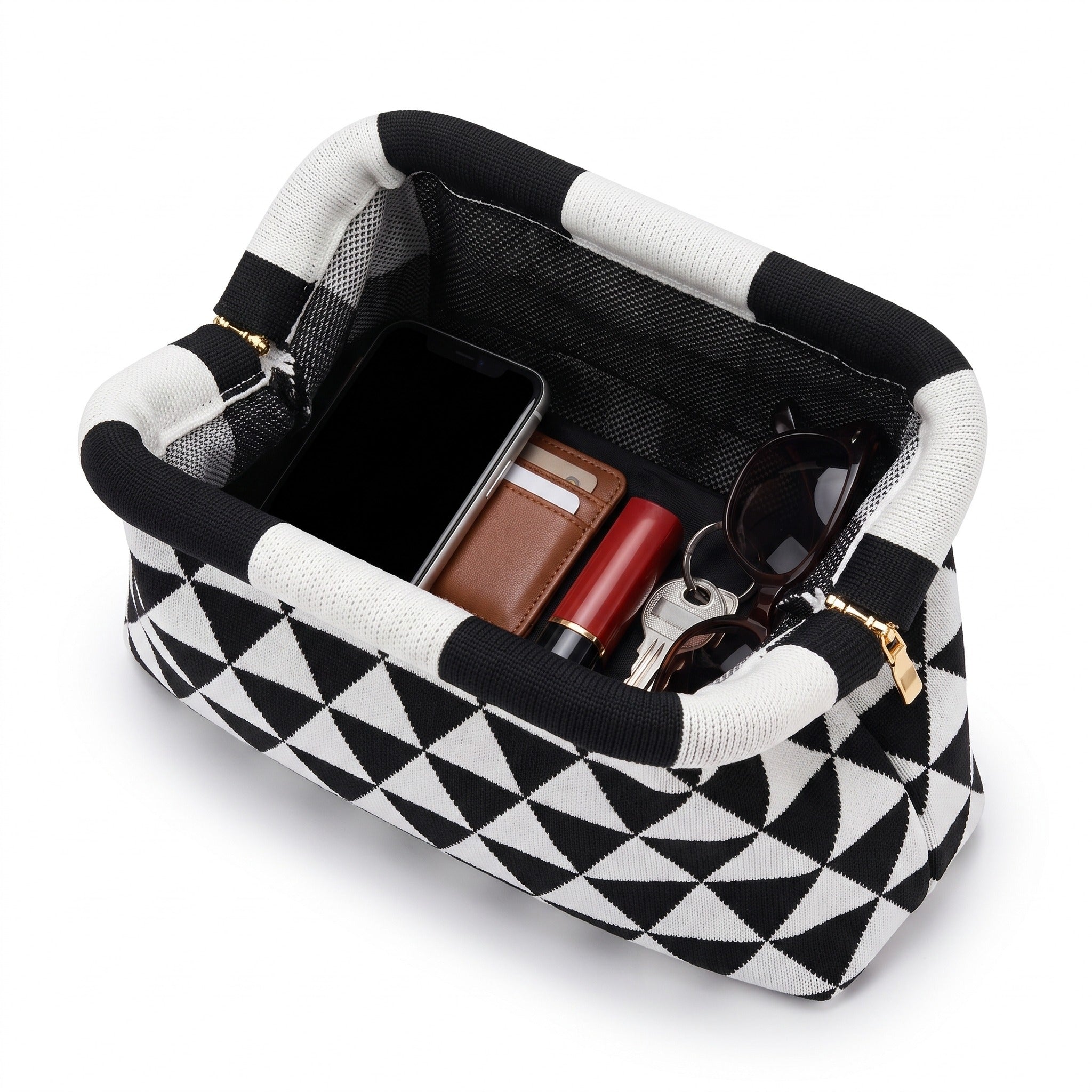 Monochrome Triangle Cloud Clutch open — flex frame, mesh lining, fits phone, wallet, keys