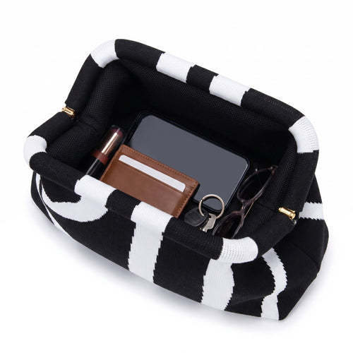 Black Abstract Cloud Clutch open — flex frame, mesh lining, fits phone, wallet, keys