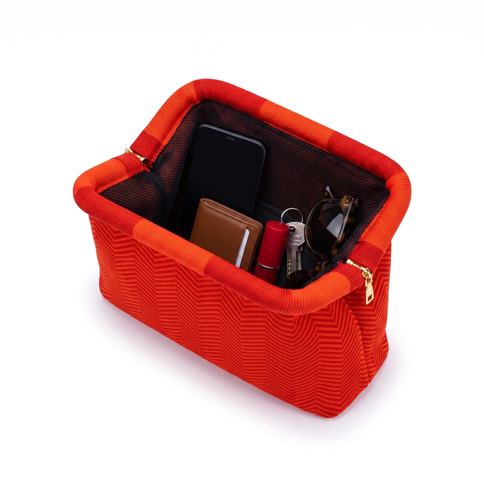 Poppy Chevron Cloud Clutch open — flex frame, mesh lining, fits phone, wallet, keys