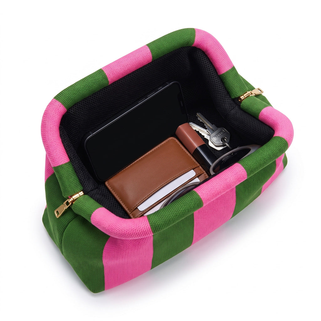 Pink & Green Stripe Cloud Pouch open — flex frame, mesh lining, fits phone, wallet, keys