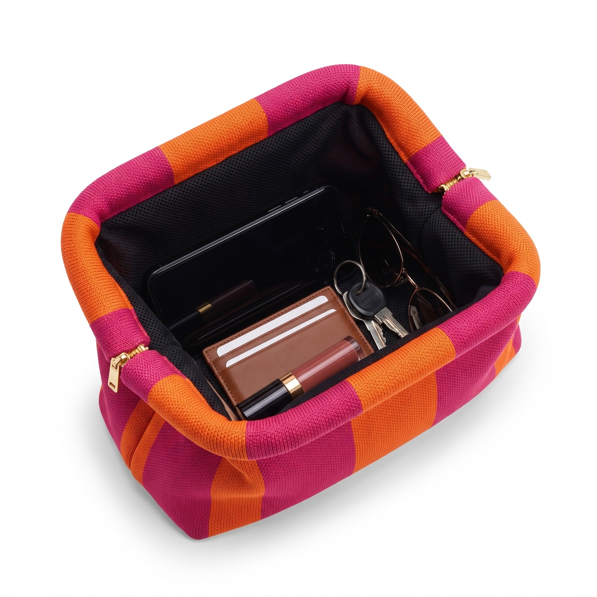 Pink & Orange Stripe Cloud Pouch open — flex frame, mesh lining, fits phone, wallet, keys