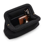 Black Waffle Cloud Pouch open — flex frame, fits phone, wallet, keys