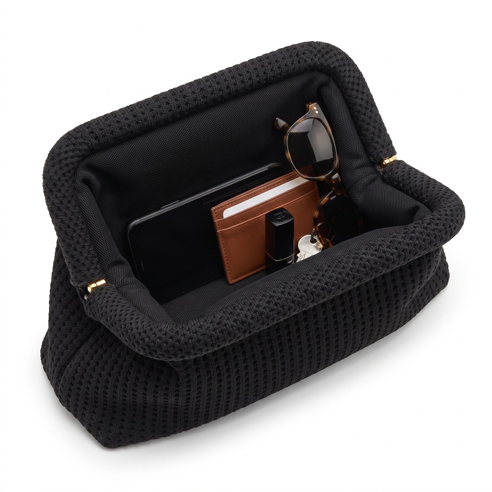 Black Waffle Cloud Pouch open — flex frame, fits phone, wallet, keys