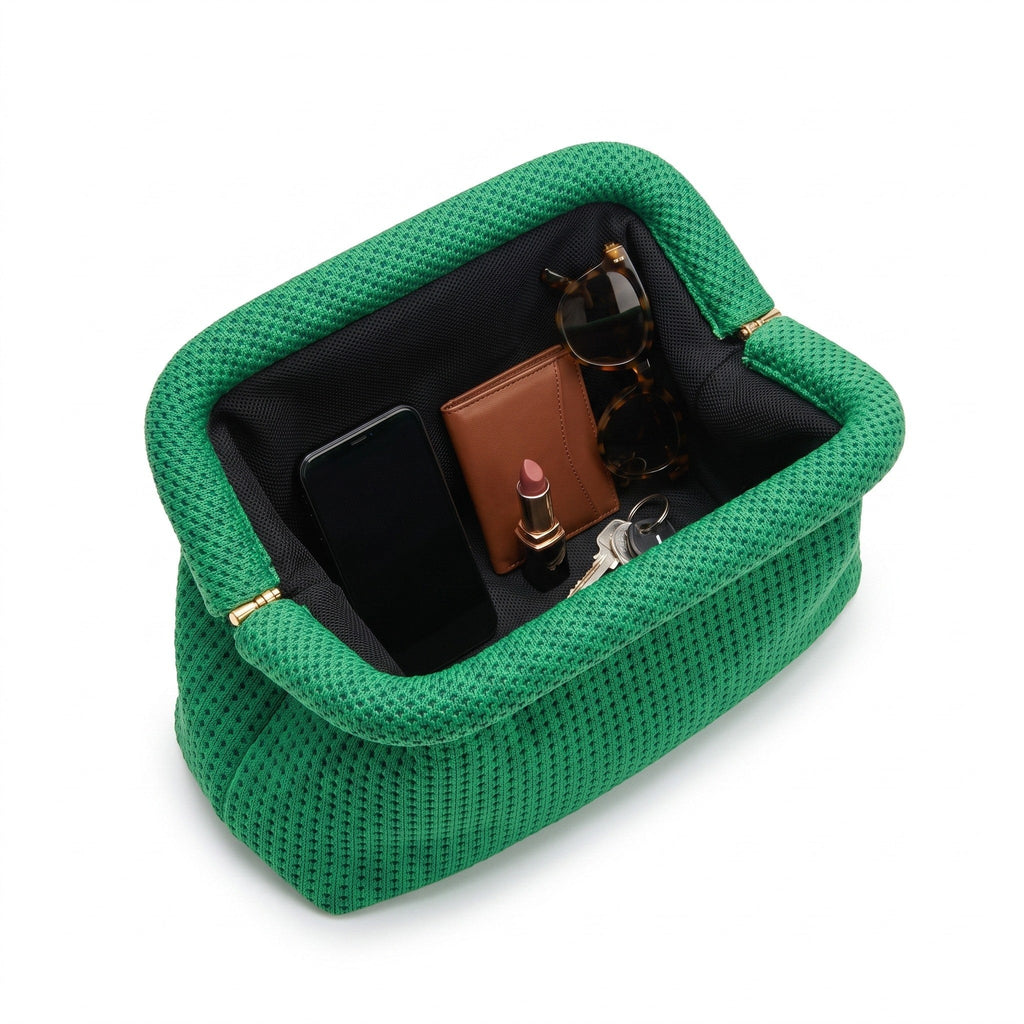 Kelly Green Waffle Cloud Pouch open — flex frame, fits phone, wallet, keys