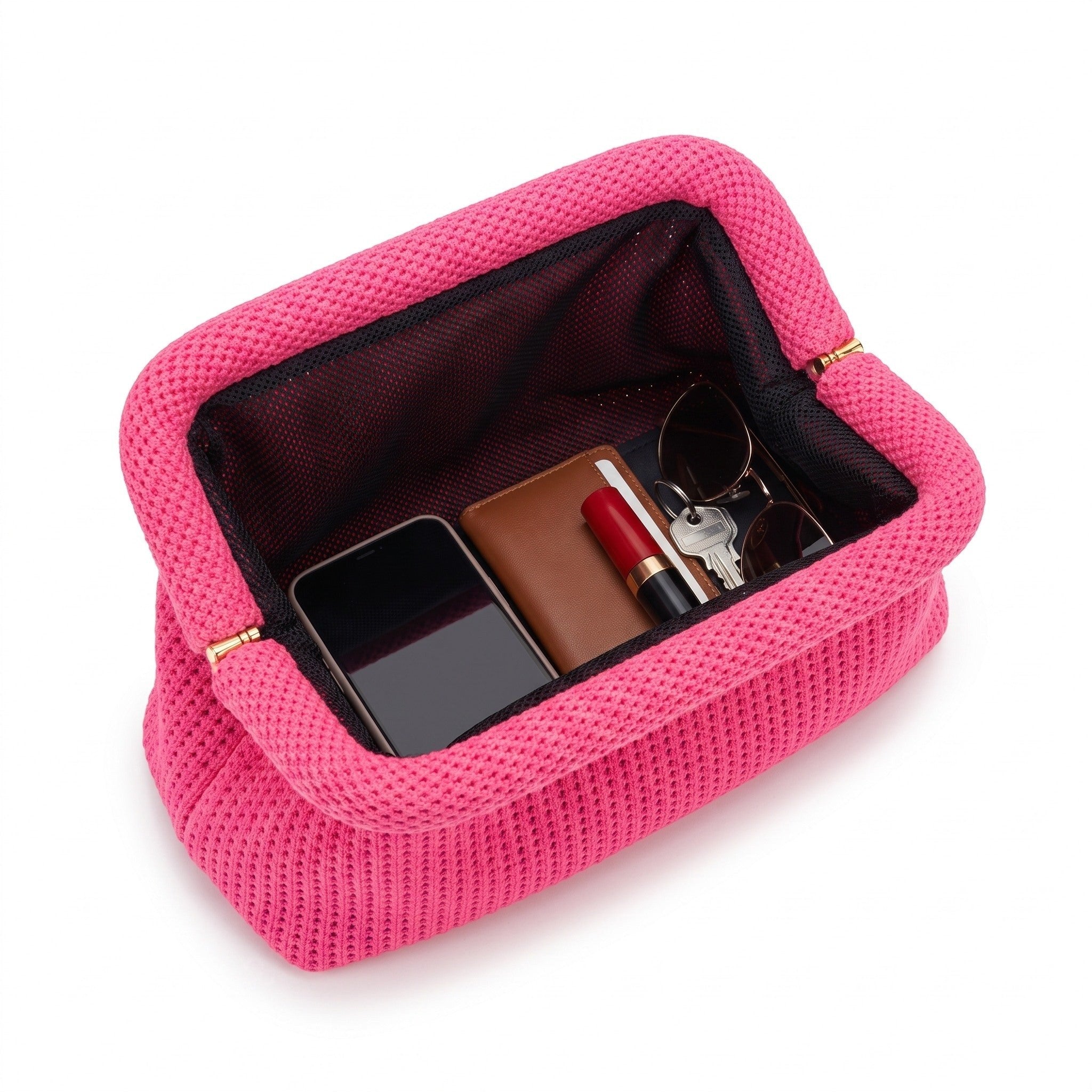 Hot Pink Waffle Cloud Pouch open — flex frame, fits phone, wallet, keys