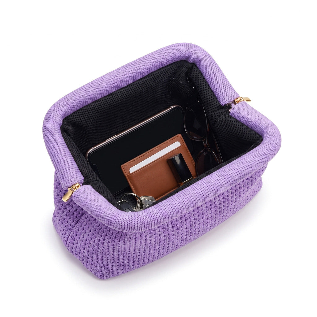 Lilac Waffle Cloud Pouch open — flex frame, fits phone, wallet, keys