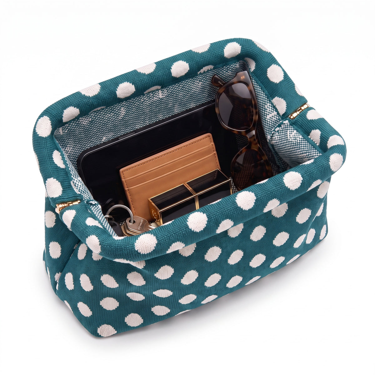 Teal Polka Dot Cloud Pouch open — flex frame, mesh lining, fits phone, wallet, keys