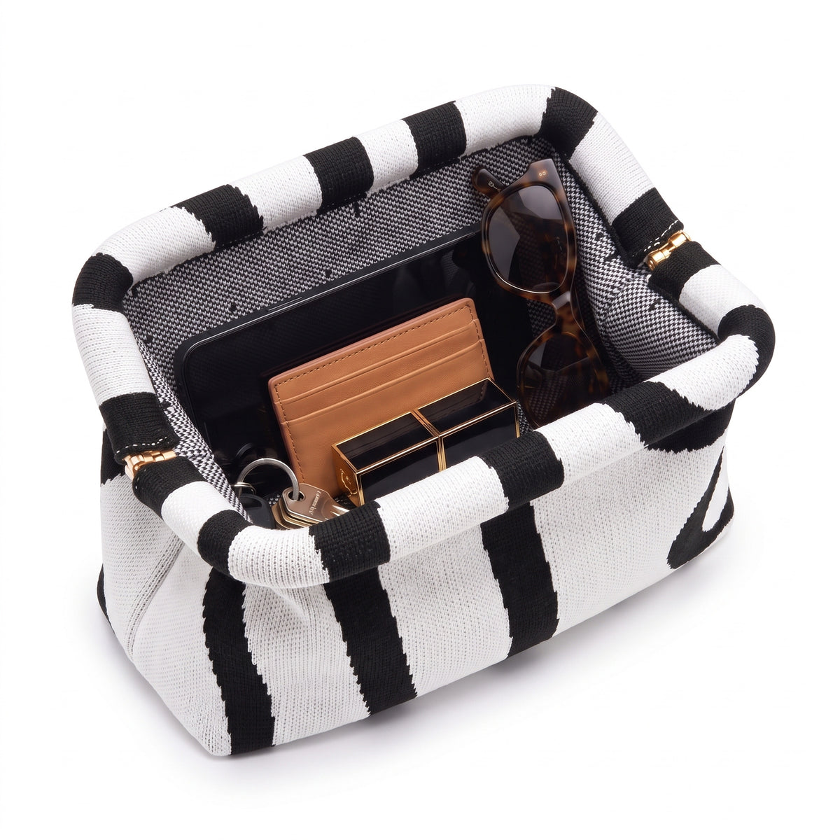 White Abstract Cloud Pouch open — flex frame, mesh lining, fits phone, wallet, keys